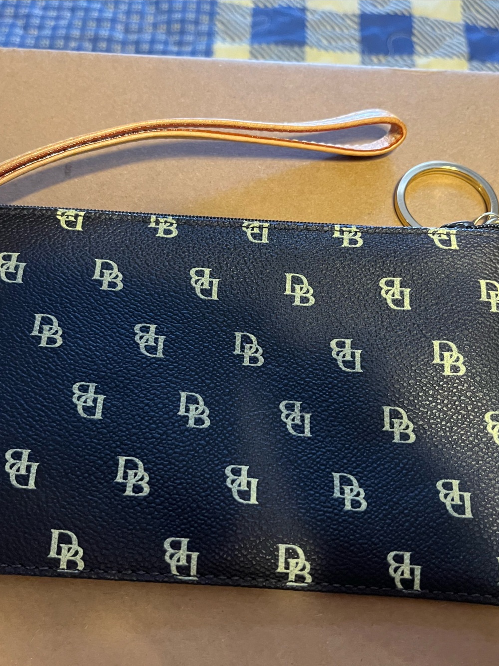 Dooney & Bourke Black Monogram Wristlet with Tan Strap 7x4
